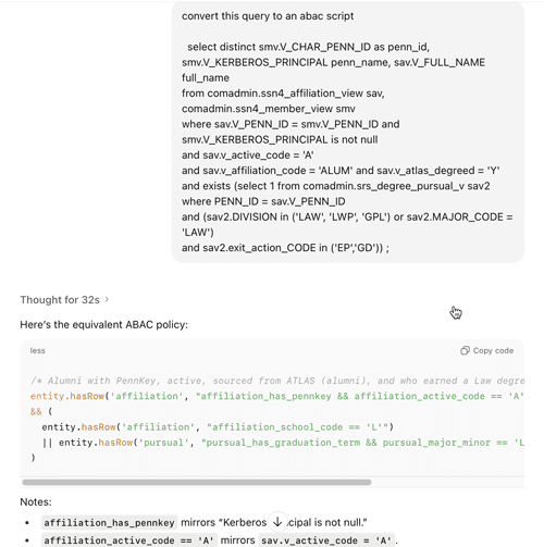 Graphic showing how to convert a query to an abac script.