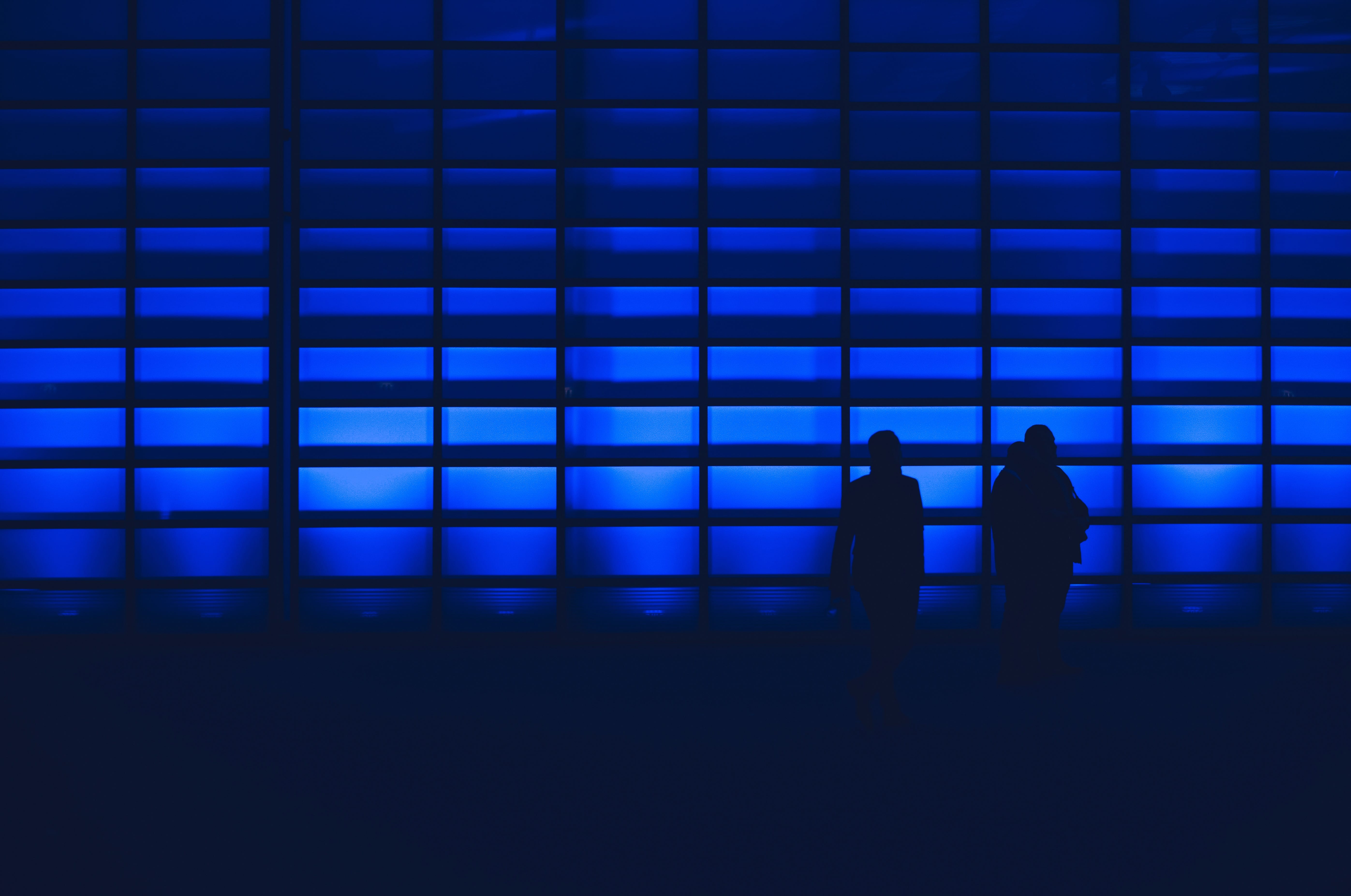 Two individuals in front of a blue background.