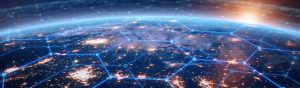 Overview of a blue digital grid surrounding earth.